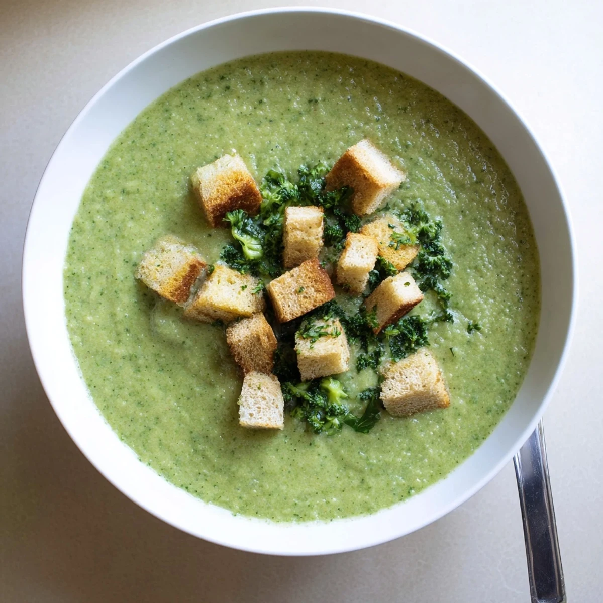 Cremige Brokkoli-Suppe mit knusprigen Croutons: Eine goldene, würzige Einlage rahmigem Gemüse-Stäbchen über einem sanft gewärmten, frischen Gemüsehauch cremigem Grund ist ein rundum wohliges Mittagessen.