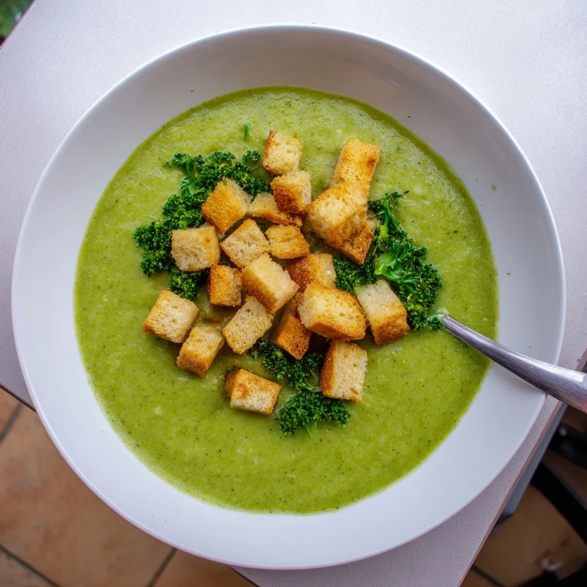 Goldene Croutons auf cremiger Brokkoli-Suppe, eine eingeschwungene, komplexe Einlage gebratenem Brot Cubes gekröntem Stäbchen runden dieser einfachen, gesunden Mittagsmahlzeit ab, gemischt mit frischen Kräutern für Rasen für eine warme, einladende Tasse.