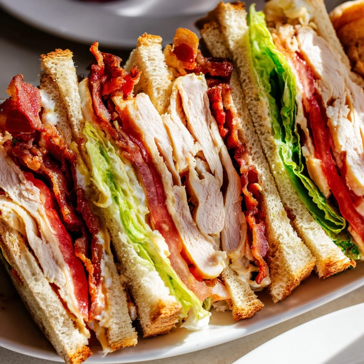 Frisch zubereiteter Turkey Lunch Sandwich Club mit knusprigem Bacon und Saftigem Rindfleisch, serviert auf goldenem Toast.