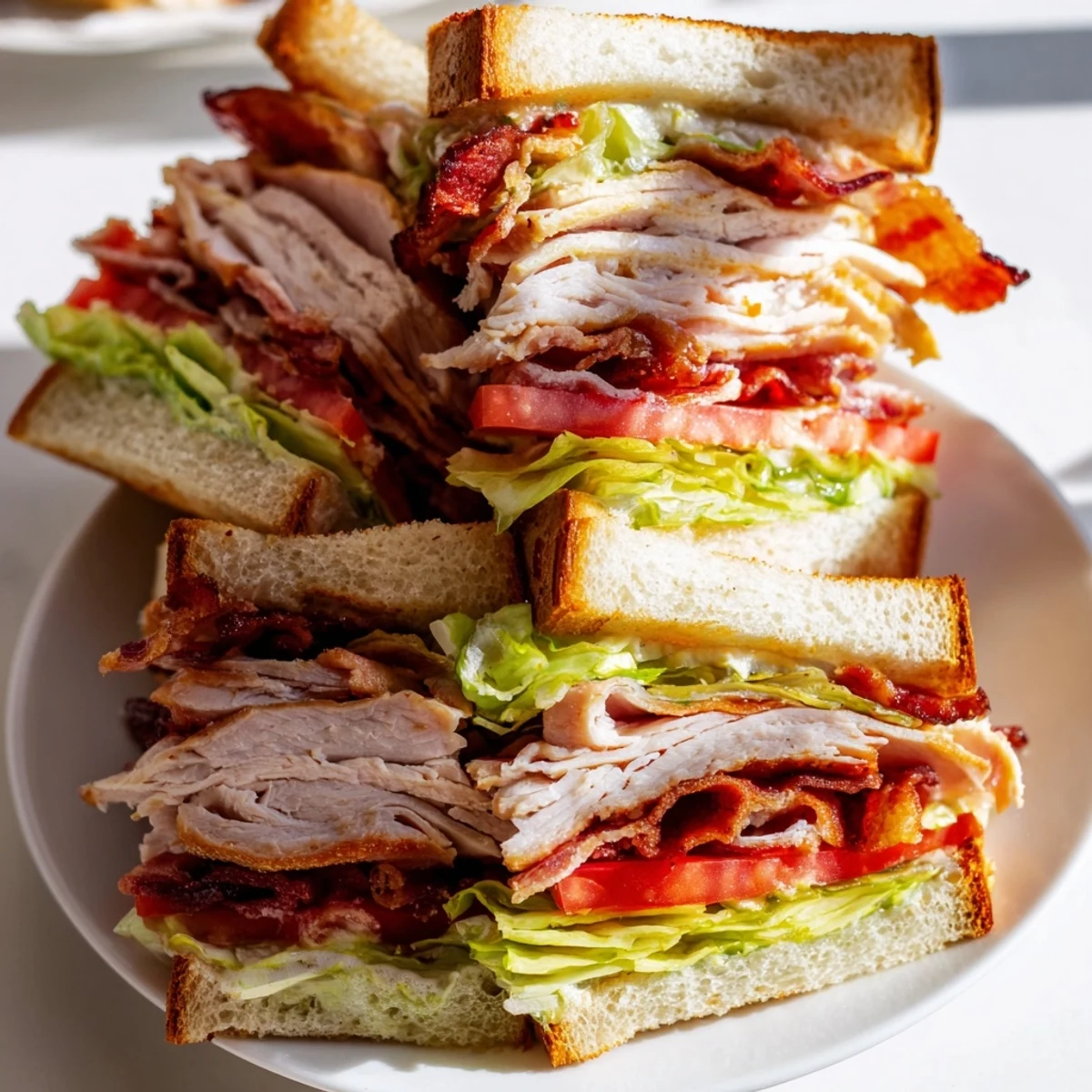 Häppchen von Turkey Lunch Sandwich Club mit knusprigem Speck, delikatem Putenfleisch und frischen Gemüse-Toppings auf dem Teller.