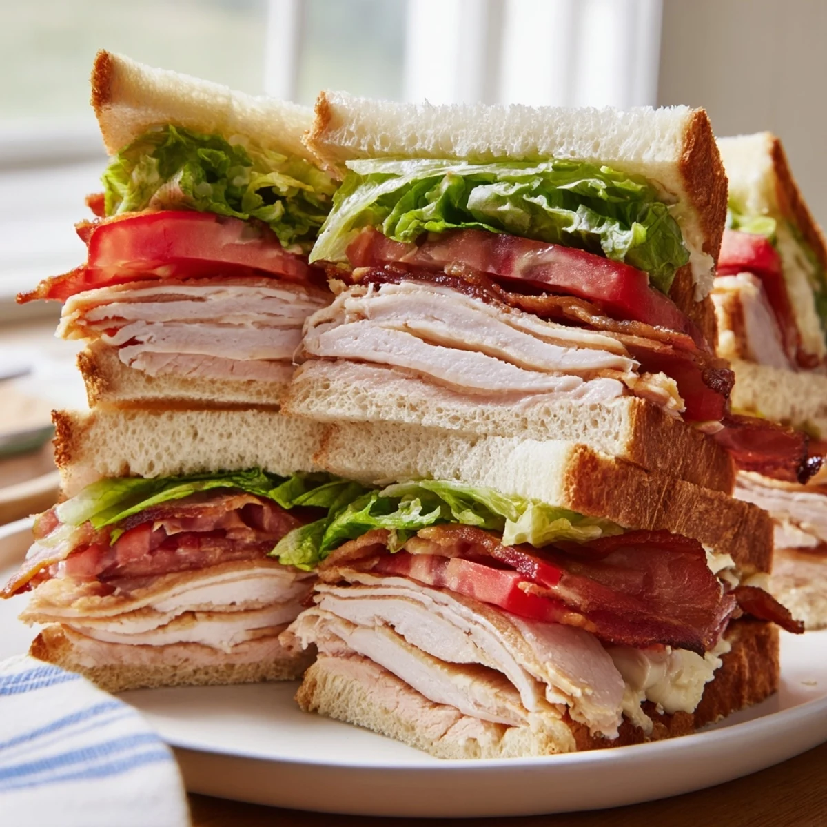 Perfekt gestapelter Turkey Lunch Sandwich Club mit frischem Salat, Tomaten und cremiger Mayonnaise auf geröstetem Brot.