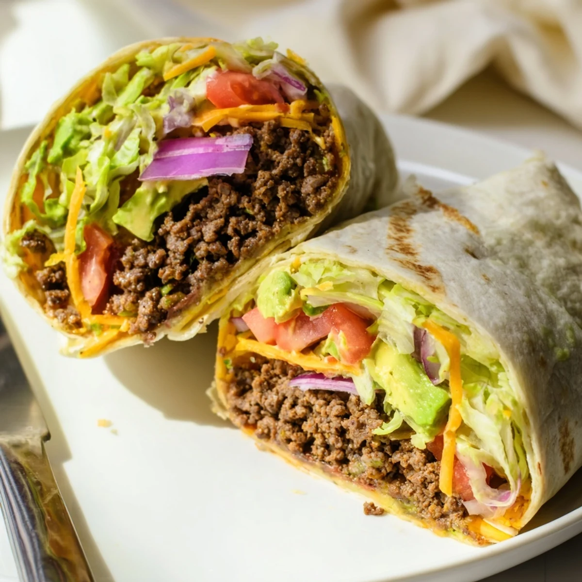 Frisch gefüllte Beef Lunch Wrap Tortilla mit cremiger Sauce und buntem Gemüse auf Holztisch serviert.