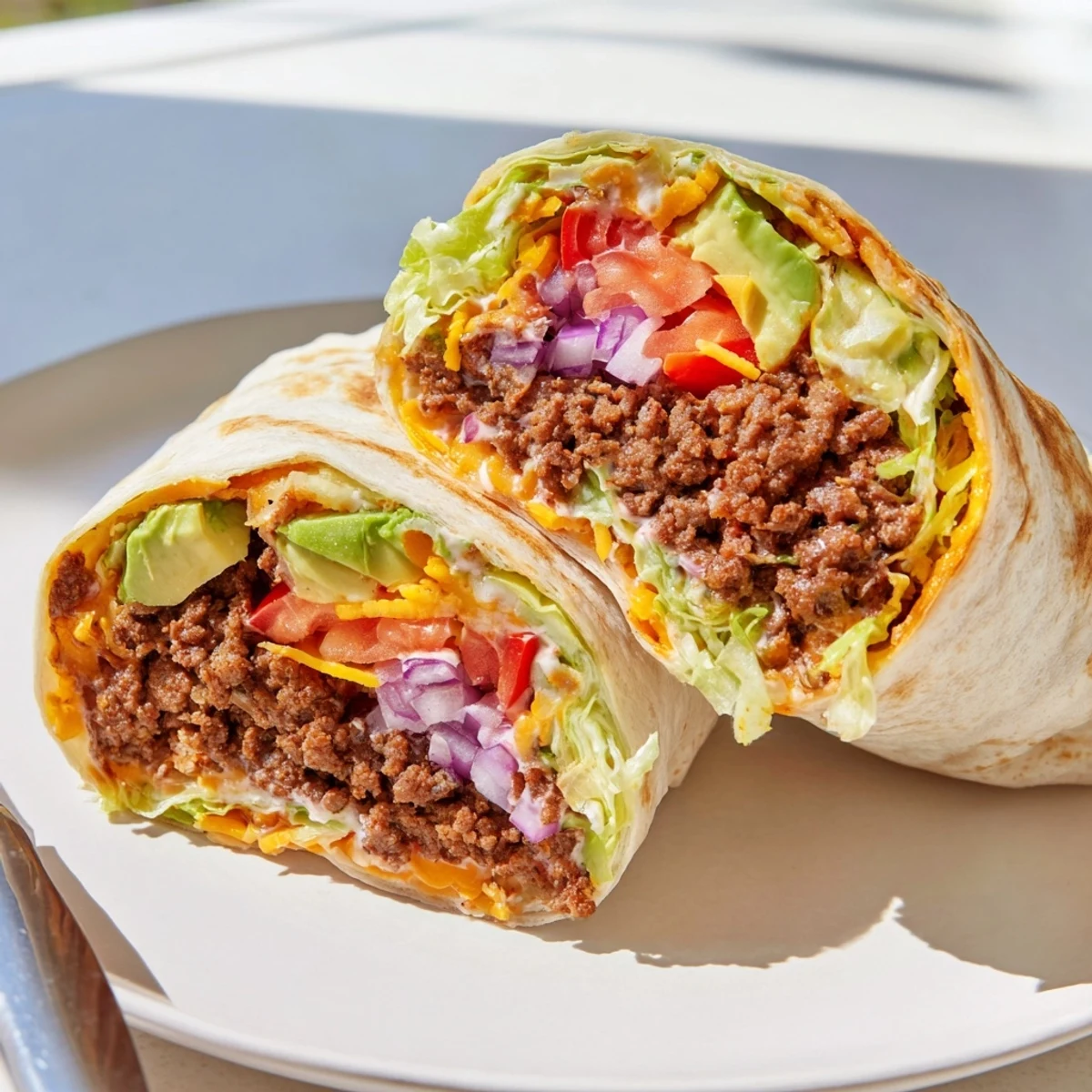 Ein Beef Lunch Wrap Tortilla aus der Küche, fertig geschnitten mit Salat und Tomaten.