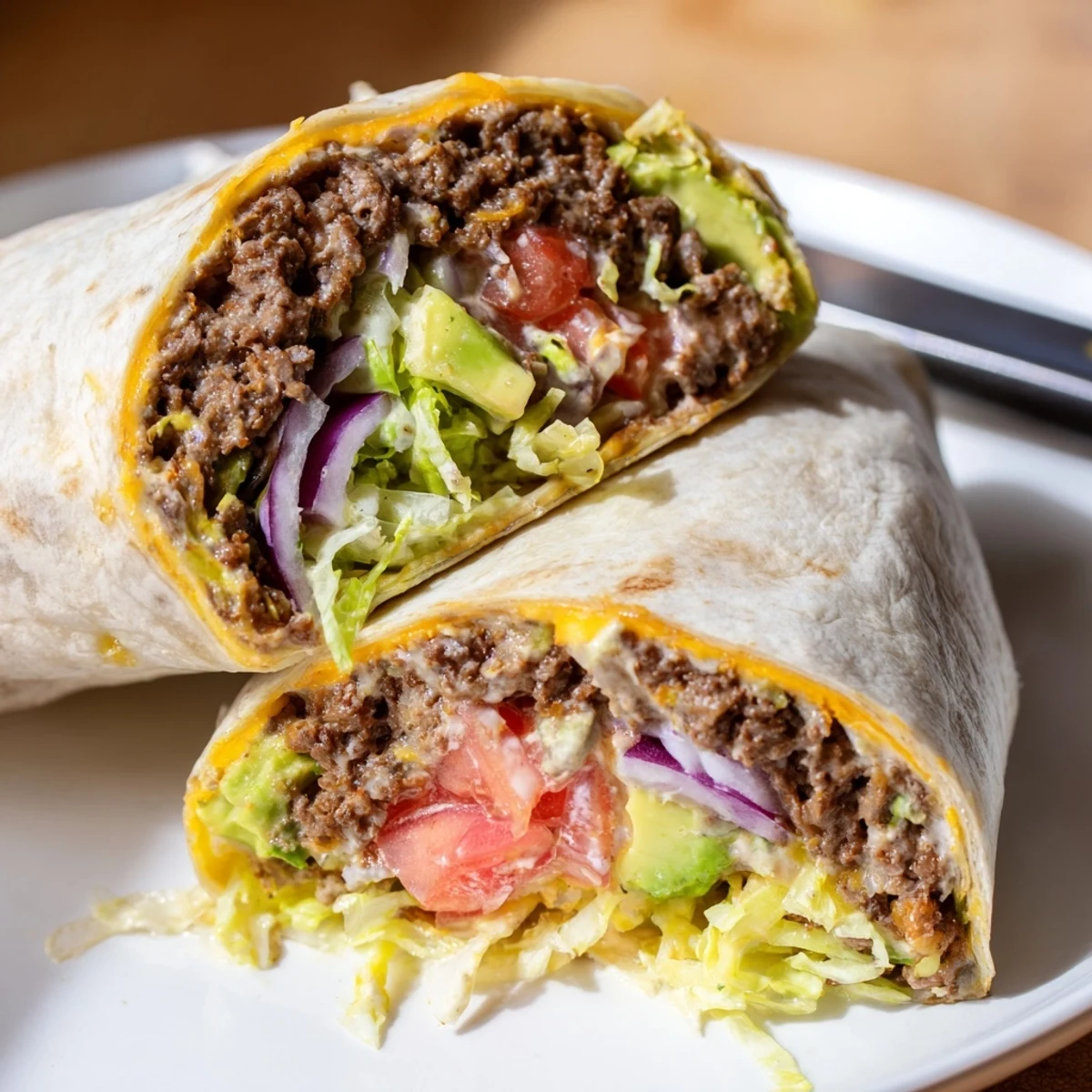 Beef Lunch Wrap Tortilla mit saftigem Hackfleisch, Avocado und schmelzendem Cheddar im Tex-Mex-Stil.