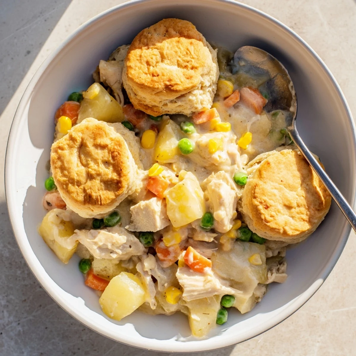 Golden-brown, fluffy biscuits topping a creamy Slow Cooker Dinner Pot Pie with chicken, peas, carrots, and corn.