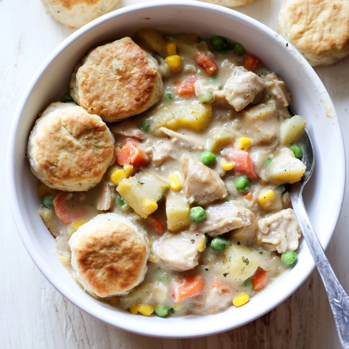 Hearty Slow Cooker Dinner Pot Pie bubbling with tender chicken and vegetables in a rich, savory sauce.