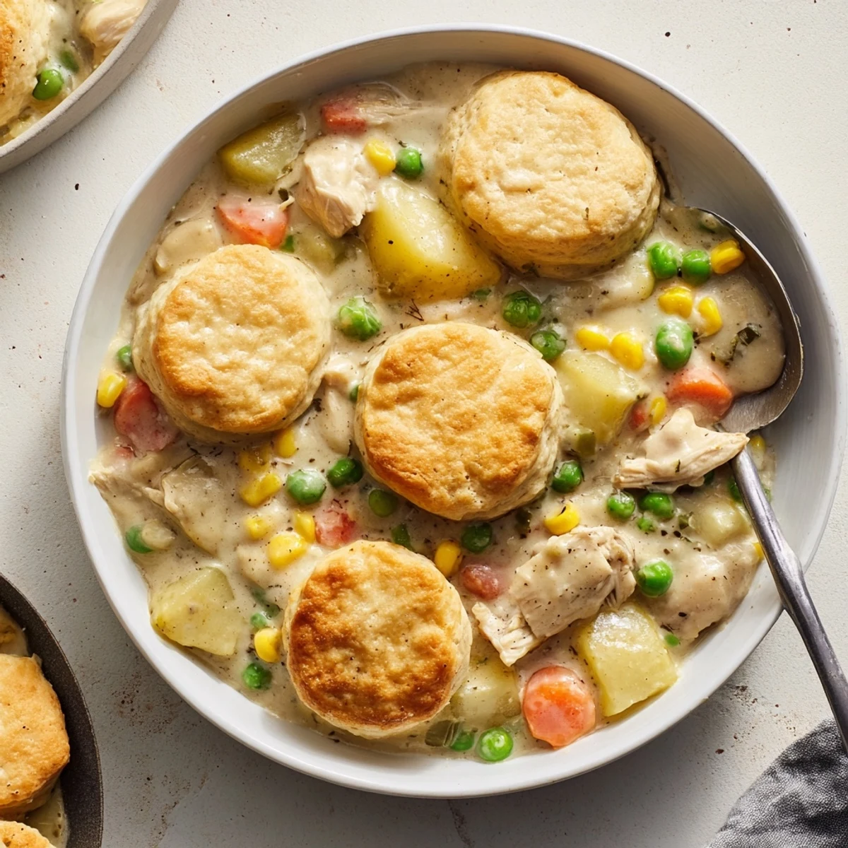 Comforting bowl of Slow Cooker Dinner Pot Pie served hot beside a crisp green salad for dinner.
