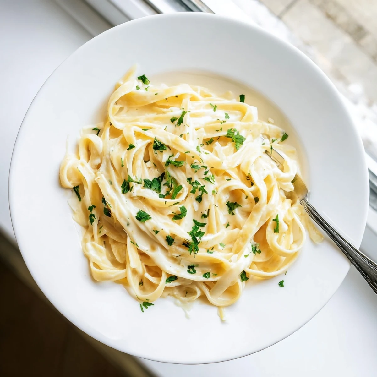 Teller mit cremiger Abendessen-Pastasauce über Fettuccine, serviert mit Petersilie und geriebenem Parmesan.