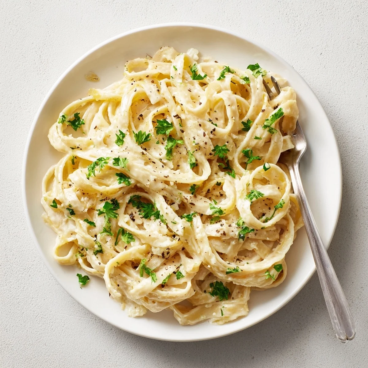 Geschmolzene cremige Abendessen-Pastasauce in einer Pfanne, aromatisch mit italienischen Kräutern und würzigem Parmesan.