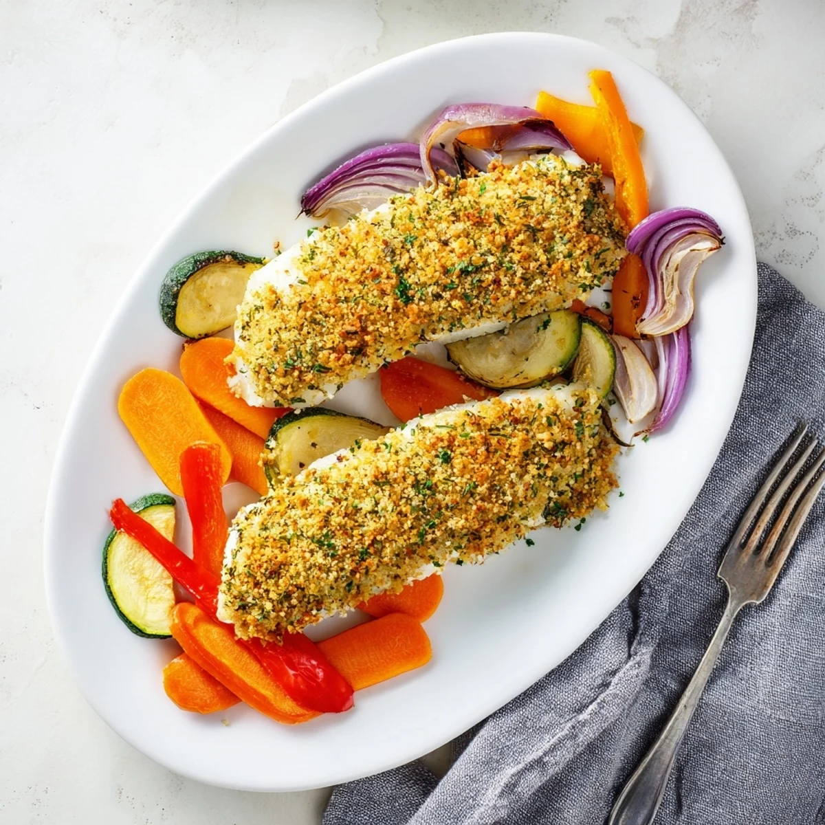 Gefüllter Backofen mit goldbraunem Baked Cod Dinner Fillet und knusprigen bunten Ofengemüsen, aromatisiert mit Zitrone und frischen Kräutern, serviert auf einem Backblech für eine leichte Mahlzeit.