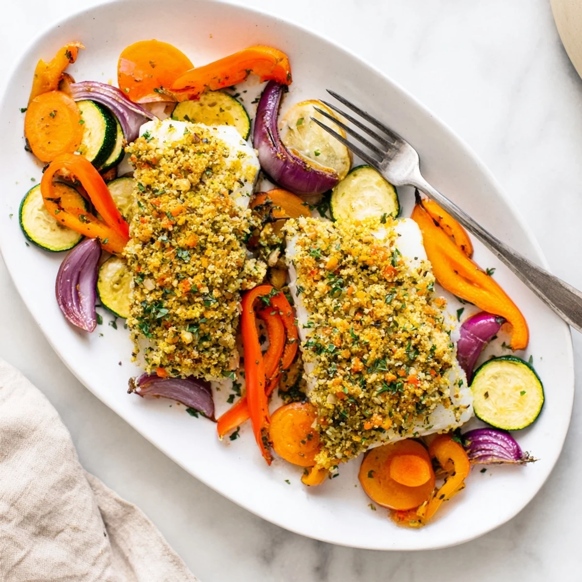 Zarter, blättriger Baked Cod Dinner Fillet im Zitronen-Kräuter-Panade-Mantel, umgeben von weich gerösteten Karotten, Paprika und Zucchini auf einem rustikalen Teller, perfekt für ein gesundes Abendessen.
