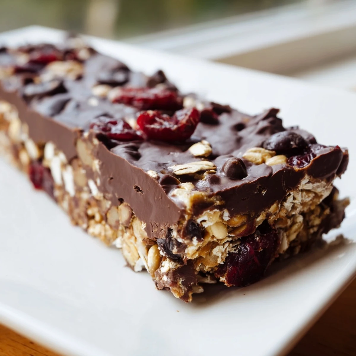 Köstliche Chocolate Lunch Bar Snack aus Haferflocken und Nüssen, überzogen mit dunkler Schokolade auf weißem Teller.