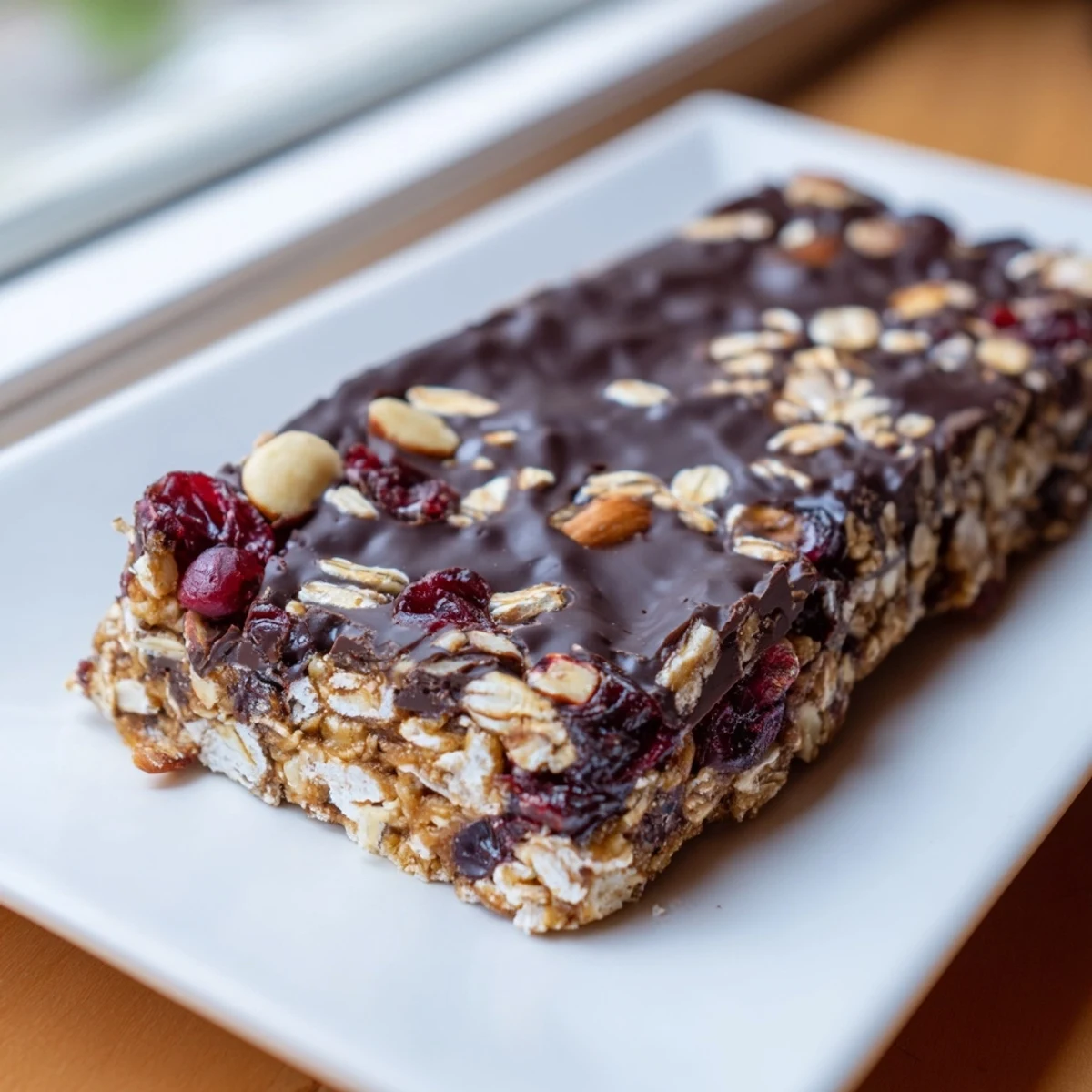 Die Chocolate Lunch Bar Snack zeigt knusprige Haferflocken mit Cranberries, gerösteten Nüssen und glänzender Schokoladendecke.