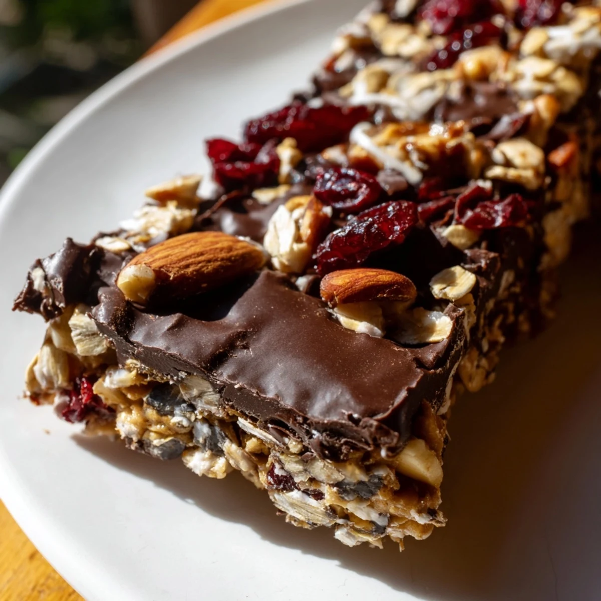 Hausgemachte Chocolate Lunch Bar Snack auf Pergament, perfekt portioniert für Lunchbox oder Büro-Pause mit Kaffee.