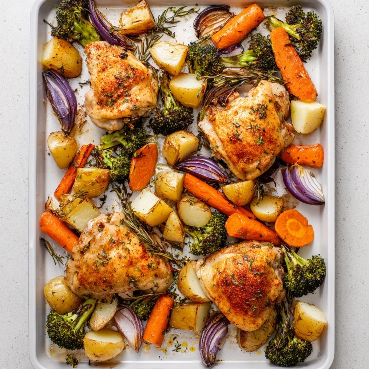 Frisch aus dem Ofen: Saftige Roasted Dinner Pan Chicken mit Kräutern und bunten Gemüsestücken für den Familientisch.