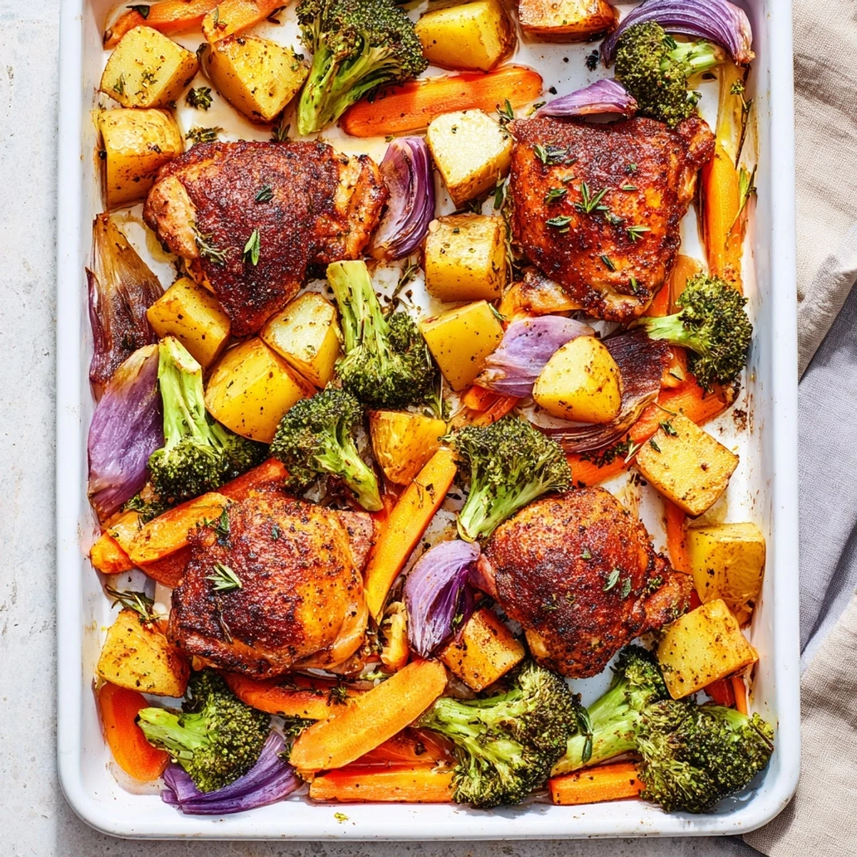 Goldene, knusprige Roasted Dinner Pan Chicken mit gerösteten Kartoffeln, Karotten und Brokkoli auf einem Backblech.