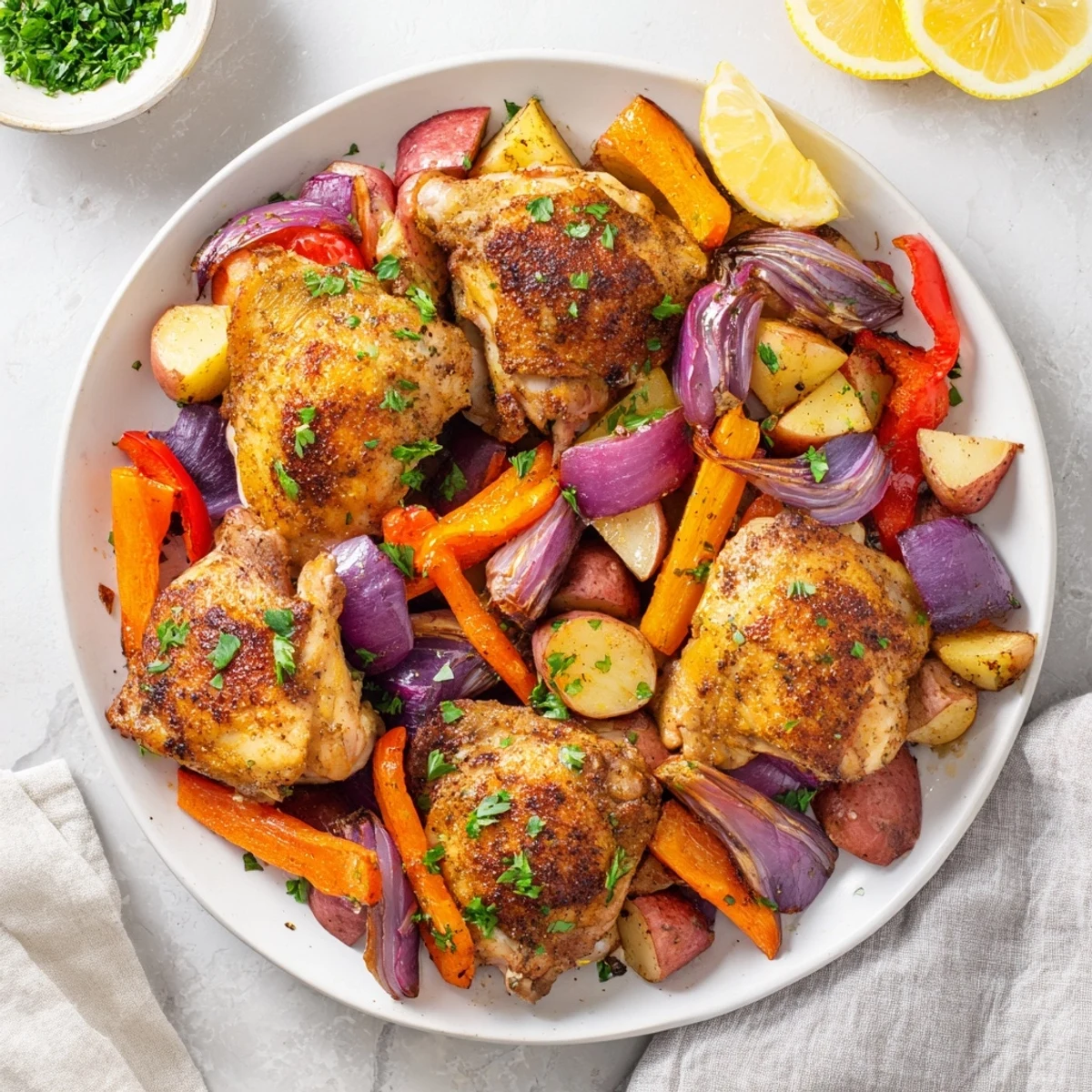 Hähnchenabend mit Ofengemüse – knusprig gebratenes Hähnchen und bunte Karotten und Kartoffeln.