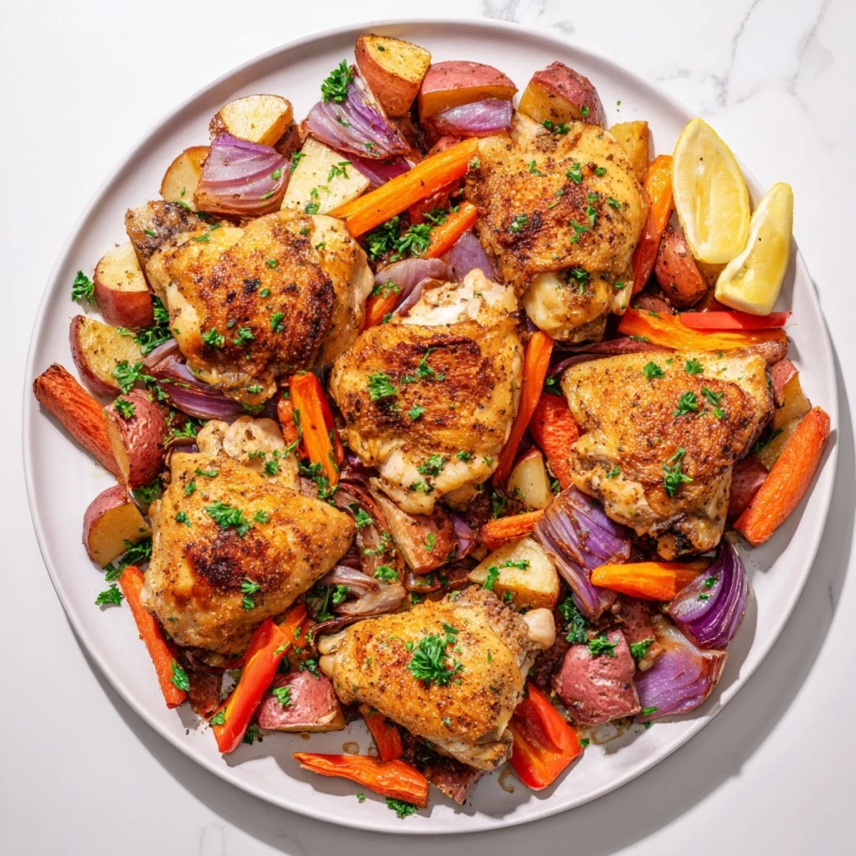 Goldener Hähnchenabend mit Ofengemüse