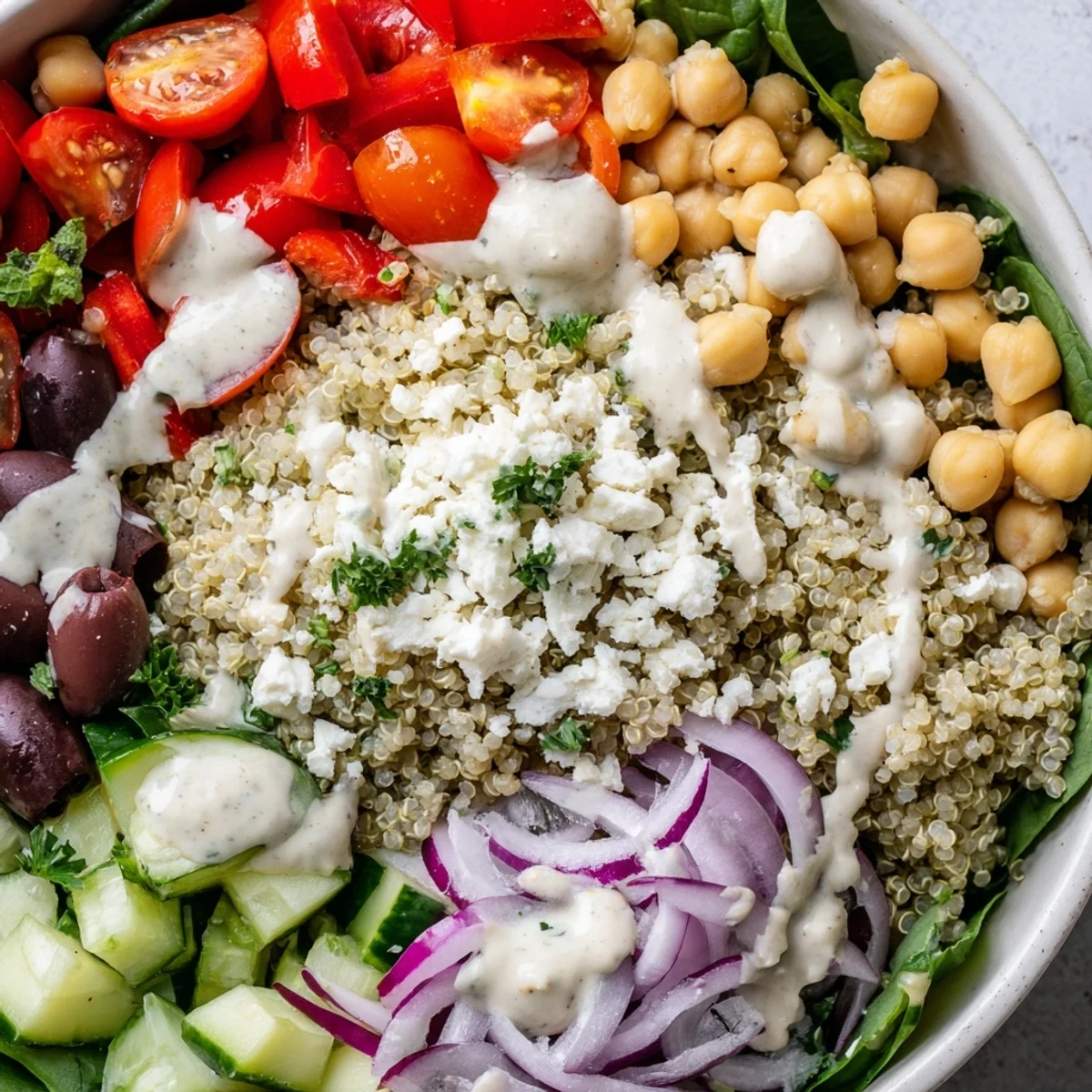 Gesunde Mediterranean Dinner Grain Bowl mit Feta, Oliven und cremiger Zitronen-Tahini-Soße.