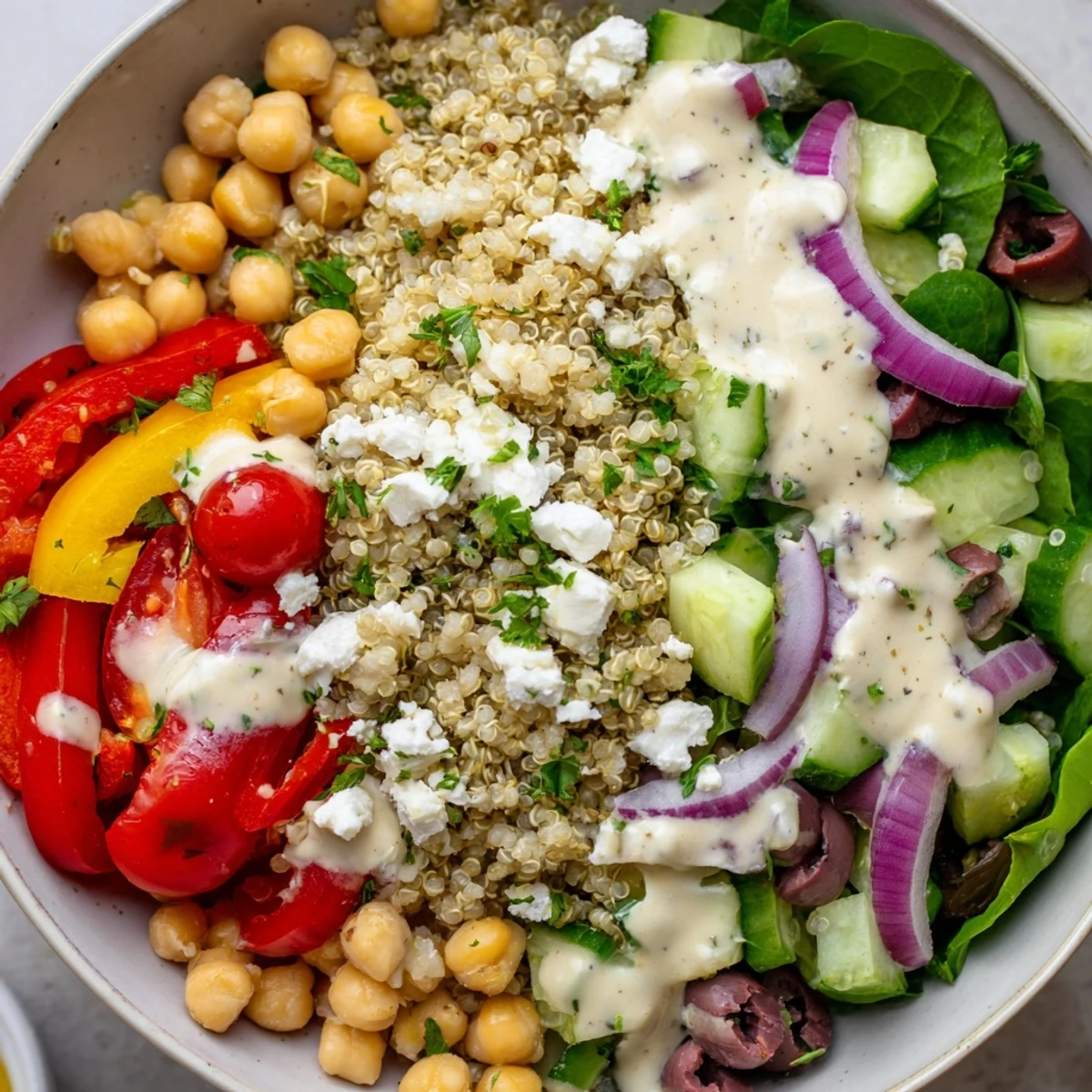 Genieße eine Mediterranean Dinner Grain Bowl als leckere Vegetarier-Hauptmahlzeit für die Woche.