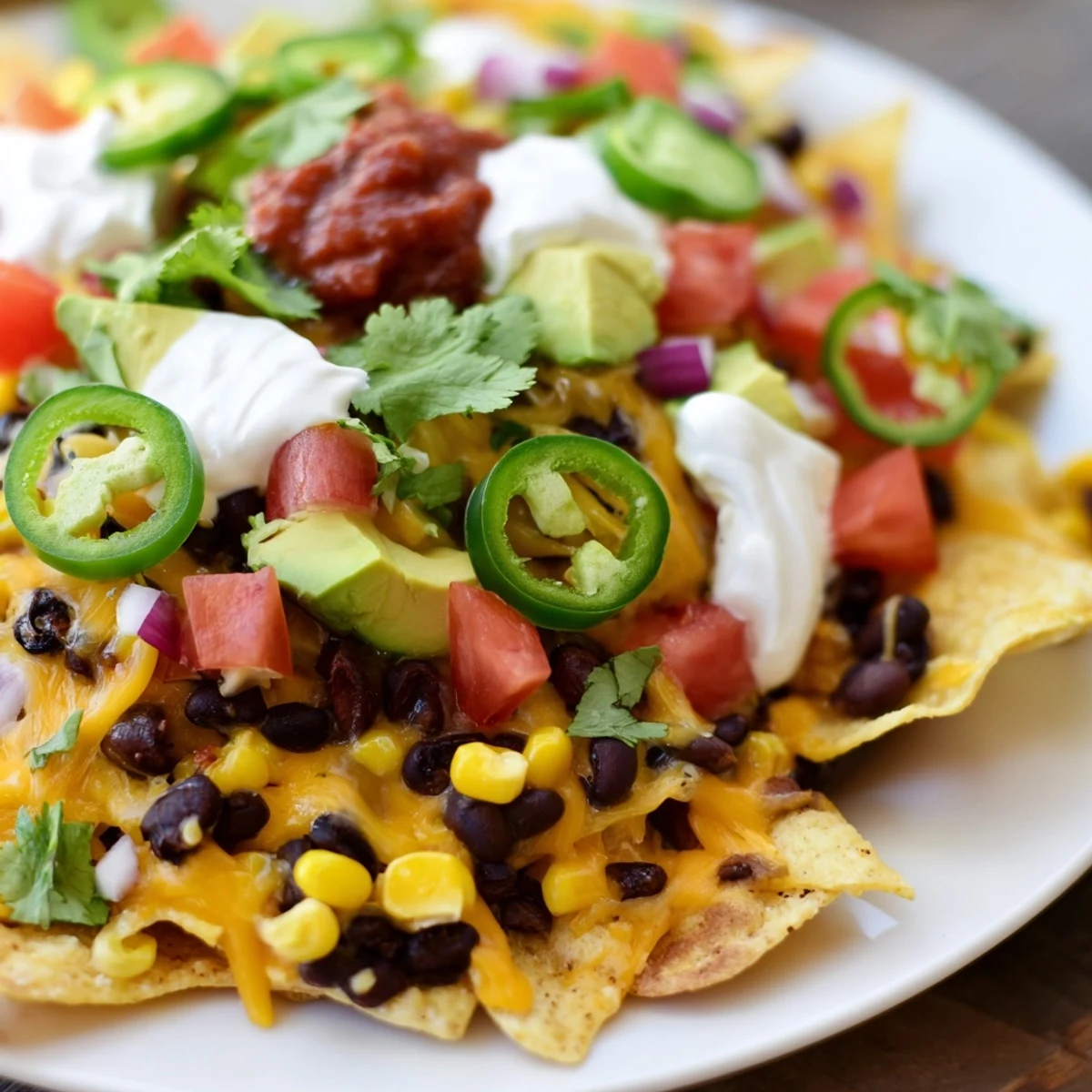 Eine überladene Platte mit knusprigen Tortilla-Chips, schwarzen Bohnen, Mais und geschmolzenem Käse – perfekte Party-Nachos für den Game Day.  