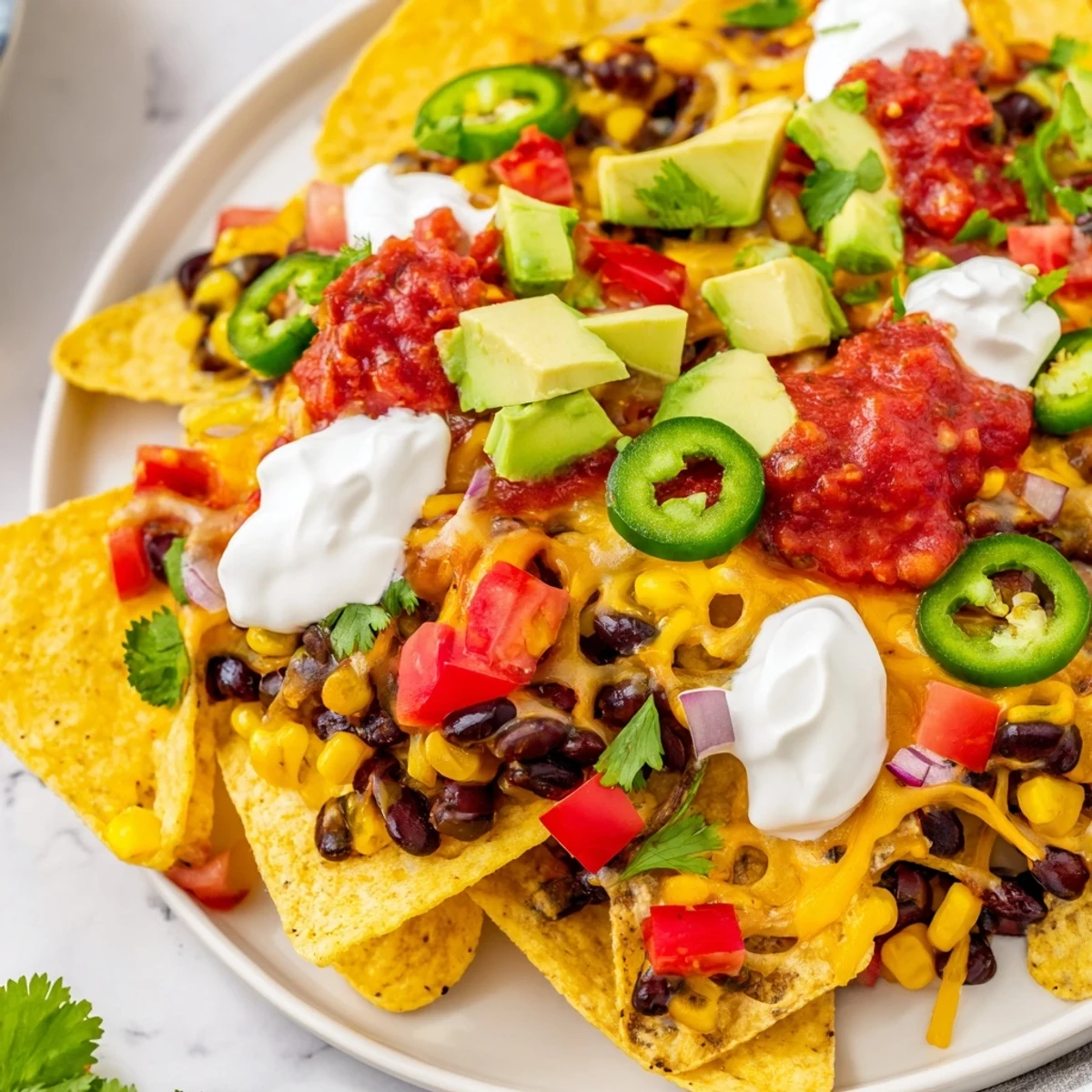 Frisch aus dem Ofen: goldbrauner Käse auf gewürzten Bohnen und Mais, mit Tomaten, Avocado und frischem Koriander garniert.  