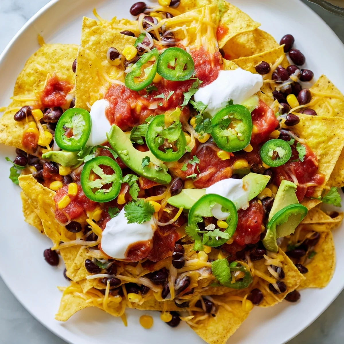 Saftige Tex-Mex-Nachos auf einem großen Blech, serviert mit cremiger Sauerrahm-Sauce und würziger Salsa für jede Menge Party-Vibes.
