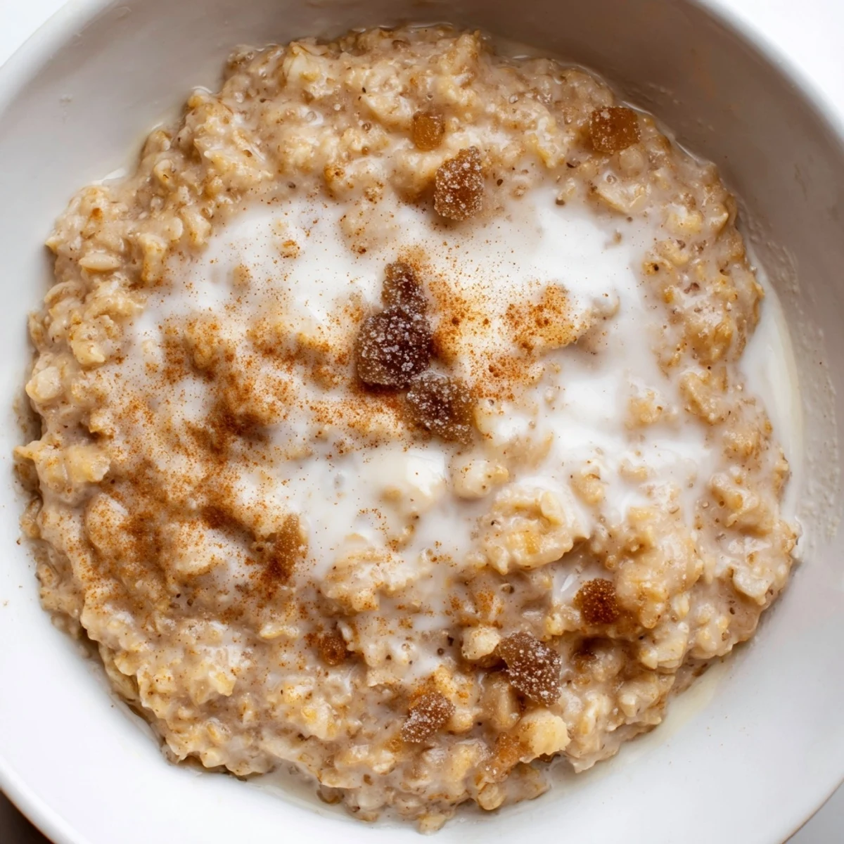 Nahaufnahme eines Löffels Irish Oatmeal with Brown Sugar and Cream mit braunem Zucker und flüssiger Sahne für den US-Frühstückstisch.