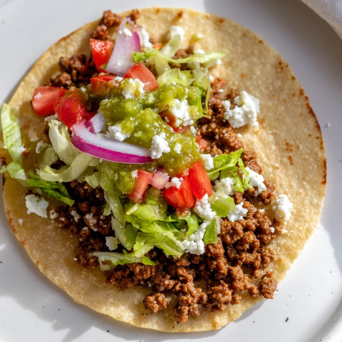 Championship Beef Tacos with Salsa Verde topped with fresh lettuce, tomatoes, and vibrant green salsa on warm tortillas.