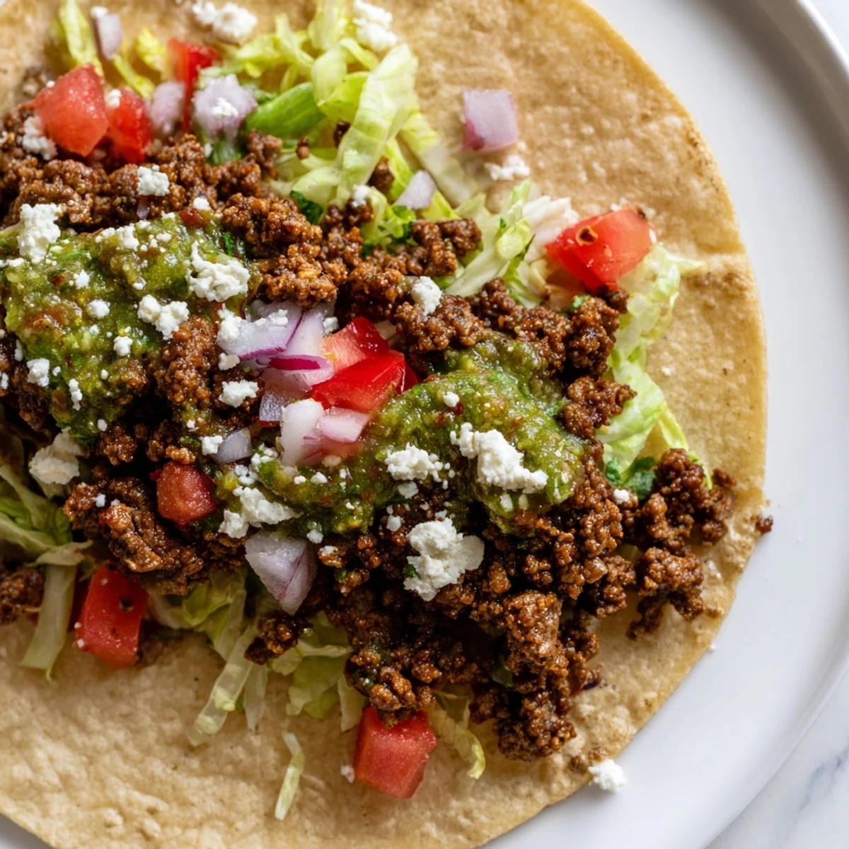Homemade Championship Beef Tacos with Salsa Verde ready to serve, garnished with lime wedges and diced red onions.