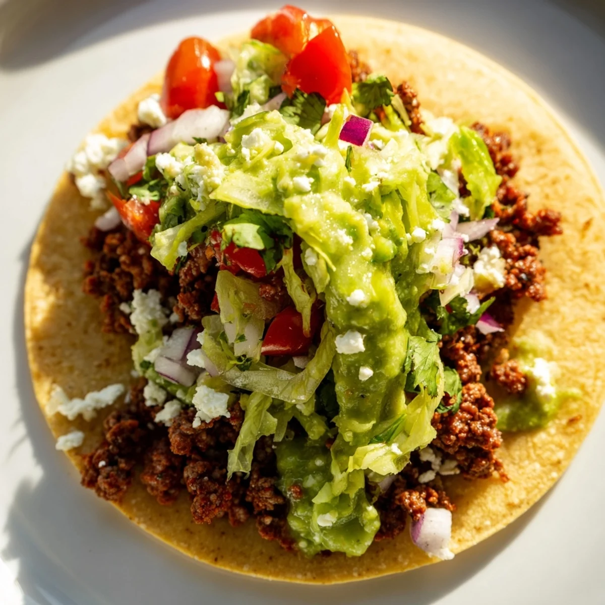 Close-up of Championship Beef Tacos with Salsa Verde overflowing with seasoned ground beef and tangy salsa verde.