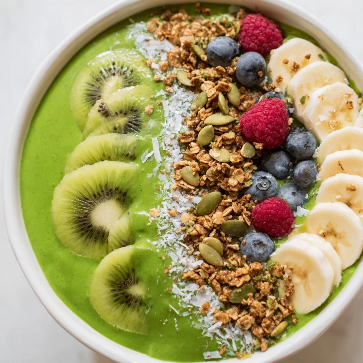 Vibrant Green Smoothie Bowl with Kiwi and Chia topped with fresh berries, granola, and banana slices on a marble counter.