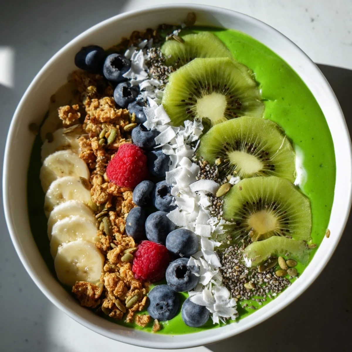 Thick and creamy Green Smoothie Bowl with Kiwi and Chia served in a ceramic bowl with crunchy toppings for breakfast.