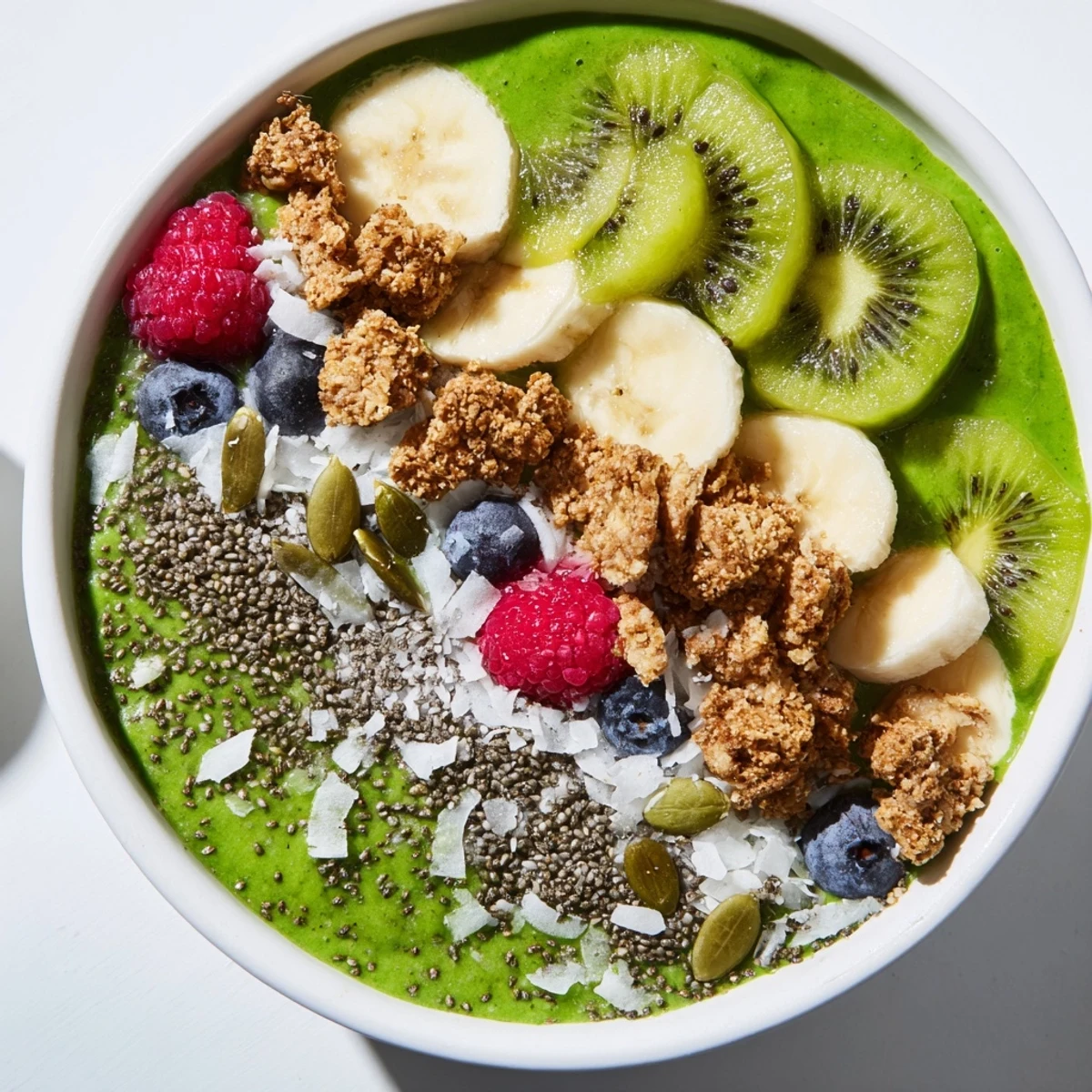 Healthy Green Smoothie Bowl with Kiwi and Chia garnished with kiwi slices, coconut flakes, and seeds, perfect for a refreshing snack.