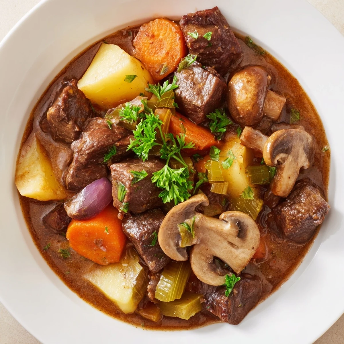 Bunt angerichtete St. Patricks Day Alcohol-Free Guinness-Style Stew auf dem Teller, serviert mit Kräutern und frischem Brot.