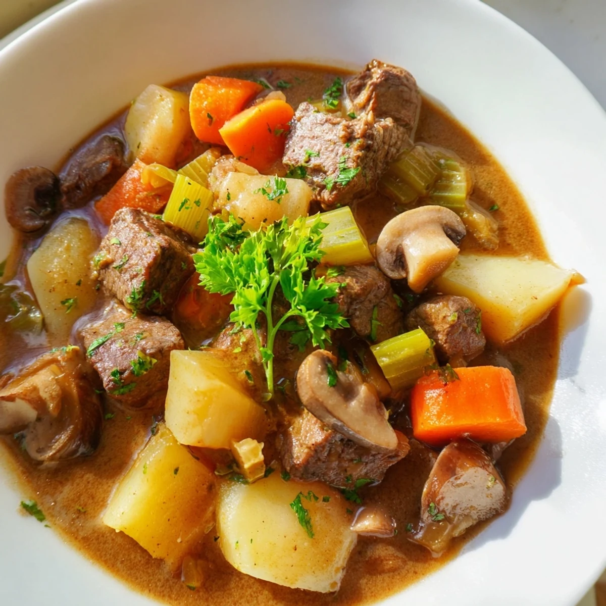 Goldbraune St. Patricks Day Alcohol-Free Guinness-Style Stew in einer holländischen Kochtopf, perfekt für ein Festtagsessen.