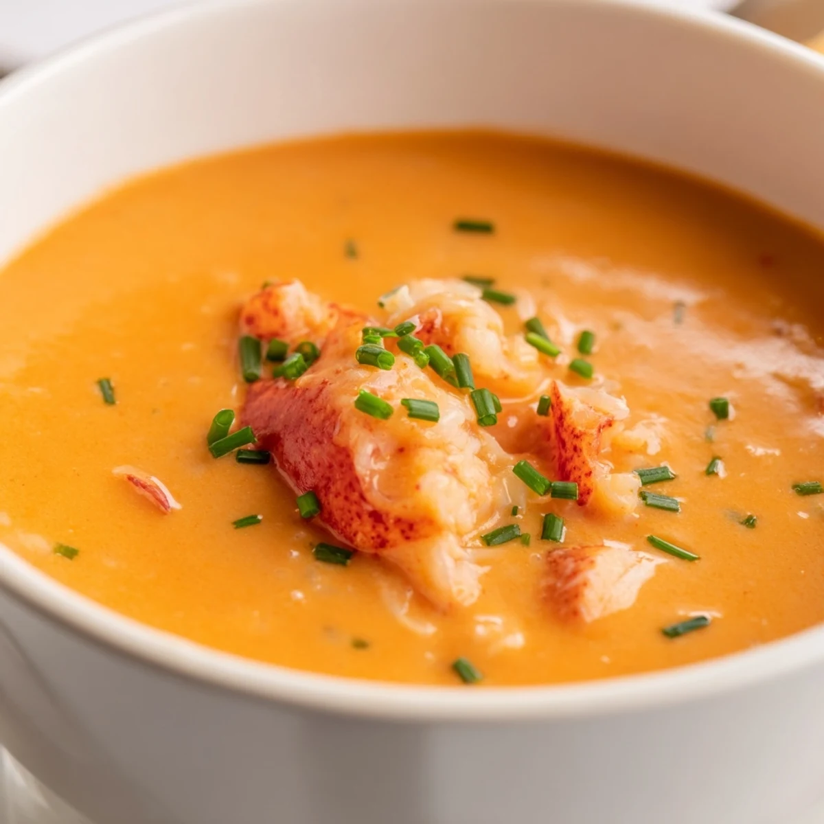 This Romantic Lobster Bisque with Sherry Vinegar steams in a bowl, lobster chunks and chives on top