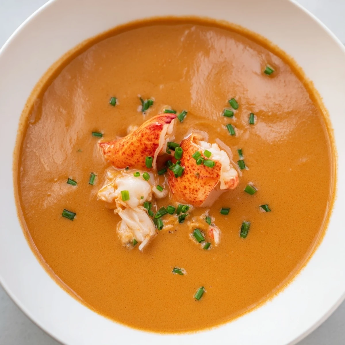 Golden Romantic Lobster Bisque with Sherry Vinegar ladled into a soup plate, paired with crusty bread