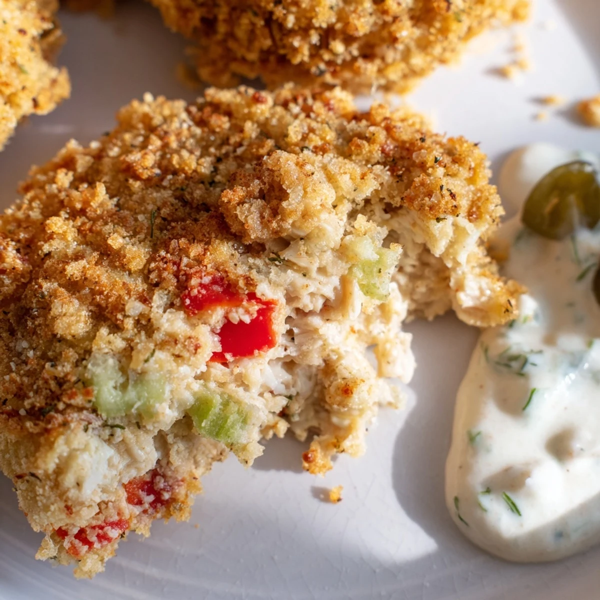 Goldbraune Mardi Gras Crab Cakes mit Tartar-Sauce, frisch in der Pfanne gebraten und auf buntem Salat garniert.