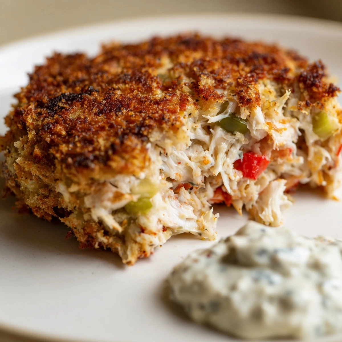 Gewürzte Mardi Gras Crab Cakes mit Tartar-Sauce, angerichtet auf Blattsalat mit fein gehackten Kräutern und Zitronen.
