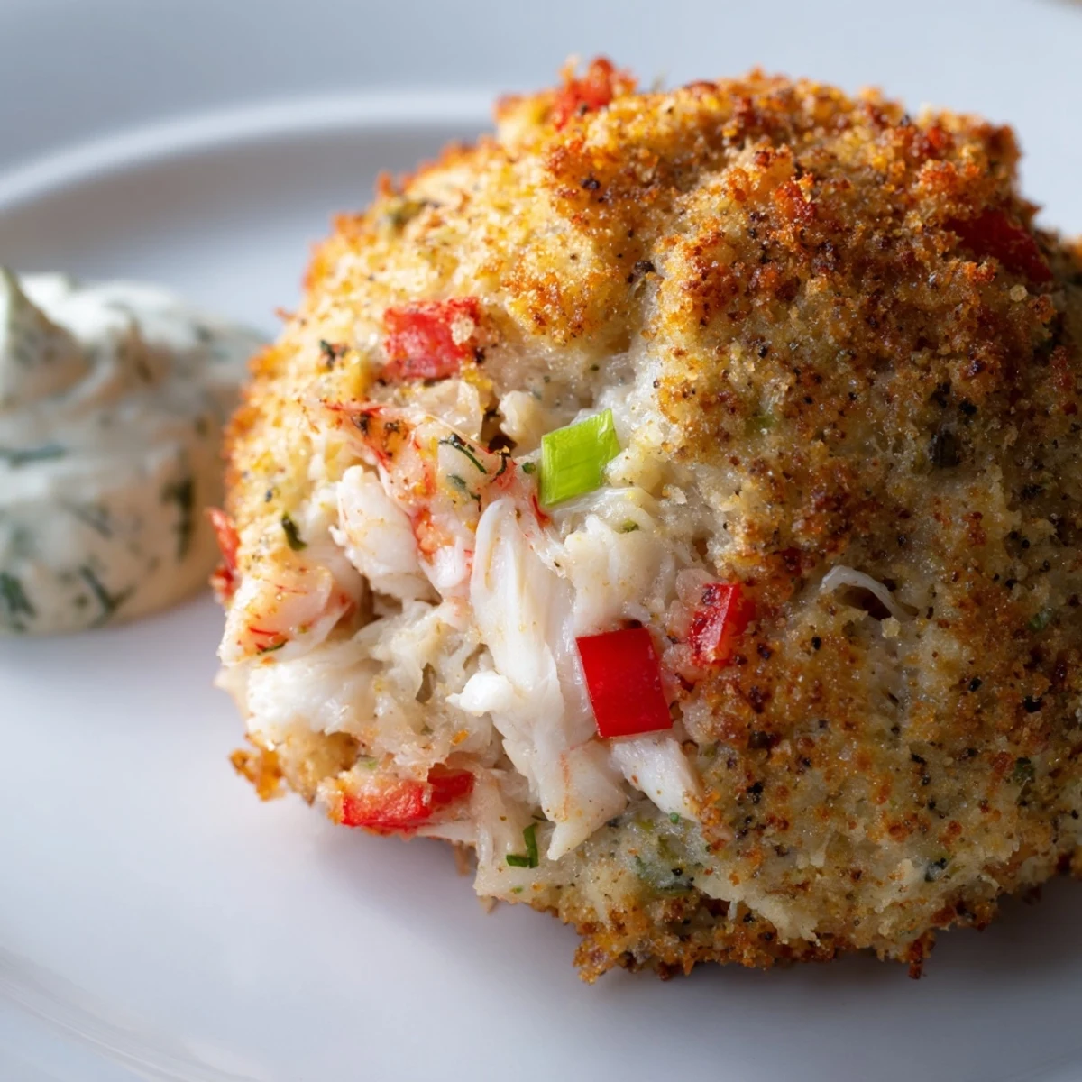 Panko-kruste Mardi Gras Crab Cakes, serviert mit cremiger Tartar-Sauce und Zitronenscheiben auf Holztisch für Festtagstisch.