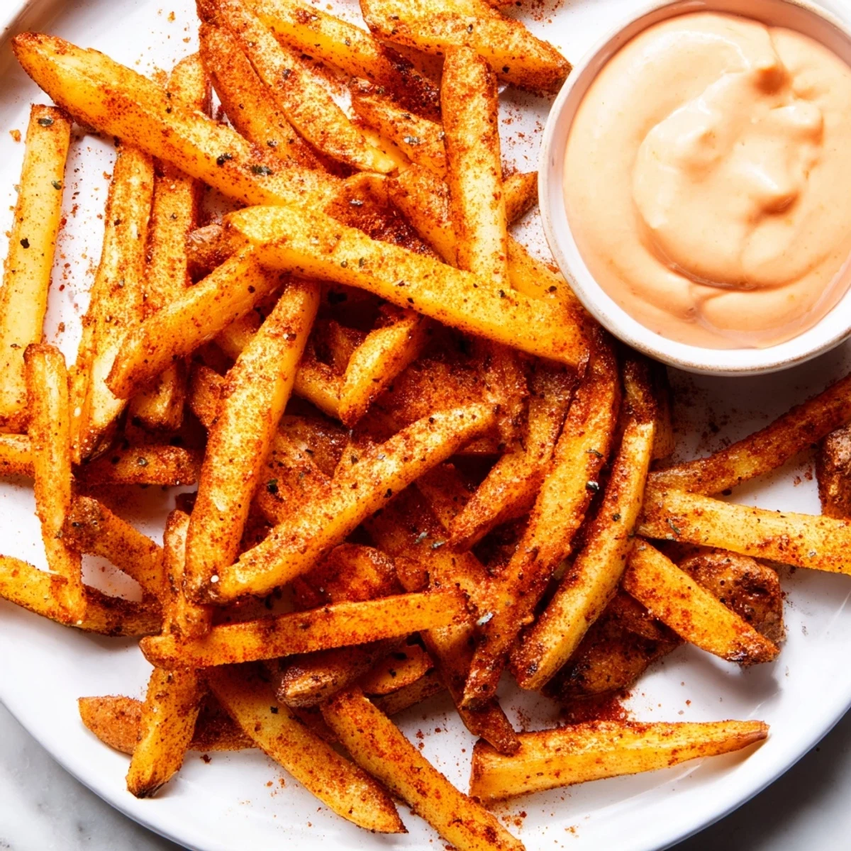 Goldene Cajun-Spicy-Fries mit einer cremigen, scharfen Mayo-Dipauce, frisch aus dem Ofen serviert.