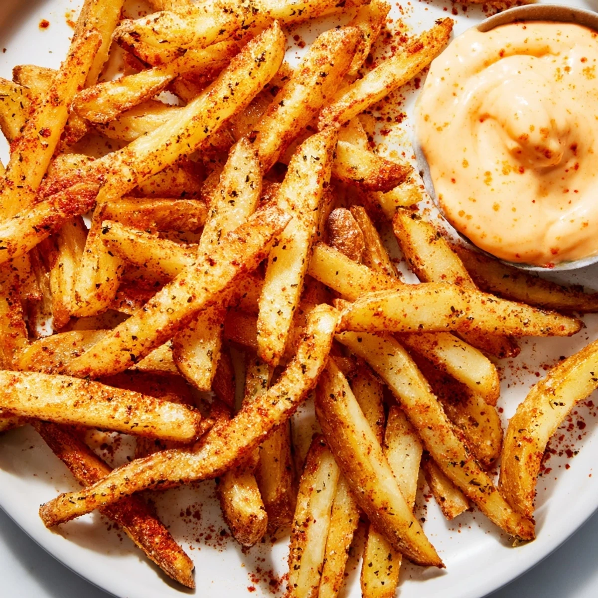 Knusprige, mit Gewürzmischung gewürzte Fries mit würziger Mayonnaise-Dipsoption auf einem rustikalen Teller.