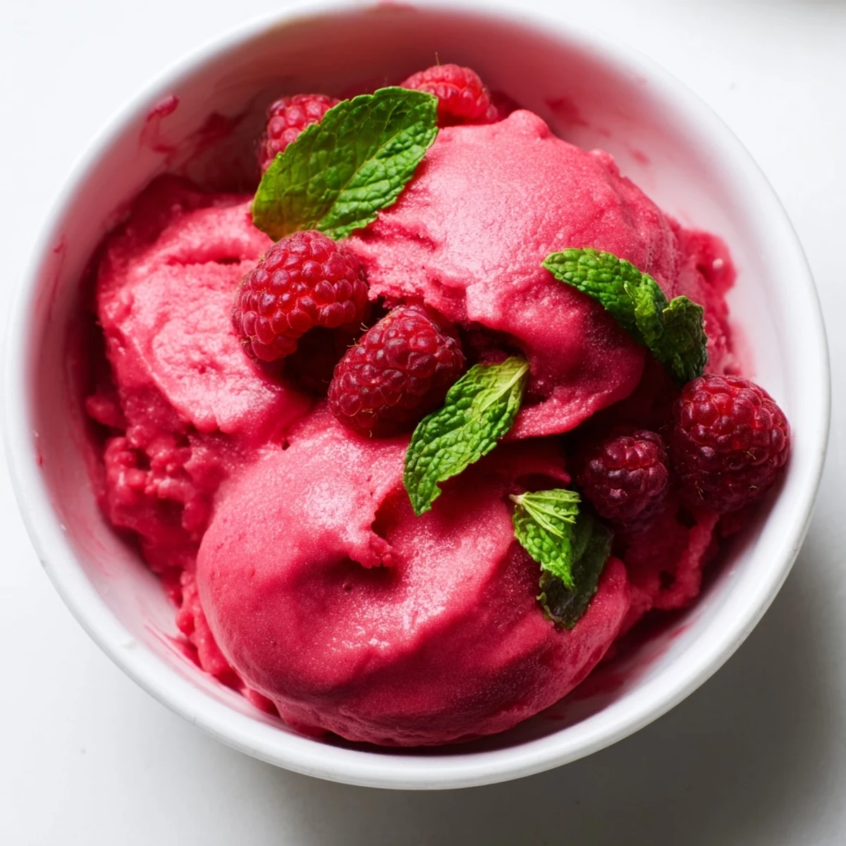Raspberry sorbet with fresh mint garnish, a frosty pink dessert served in a white bowl on a summer table.