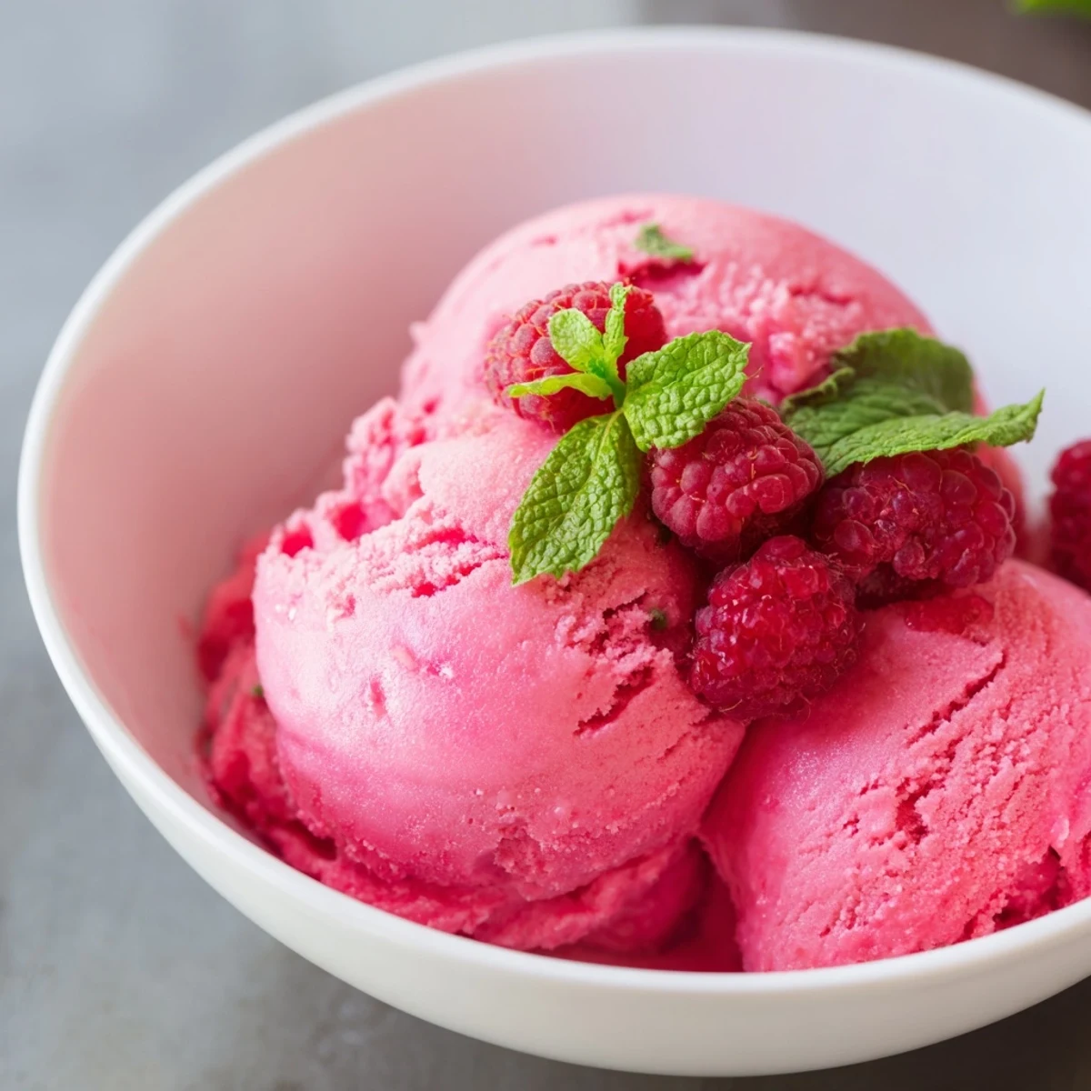 A scoop of vibrant pink raspberry sorbet topped with fresh mint leaves, glistening with condensation beside a spoon.