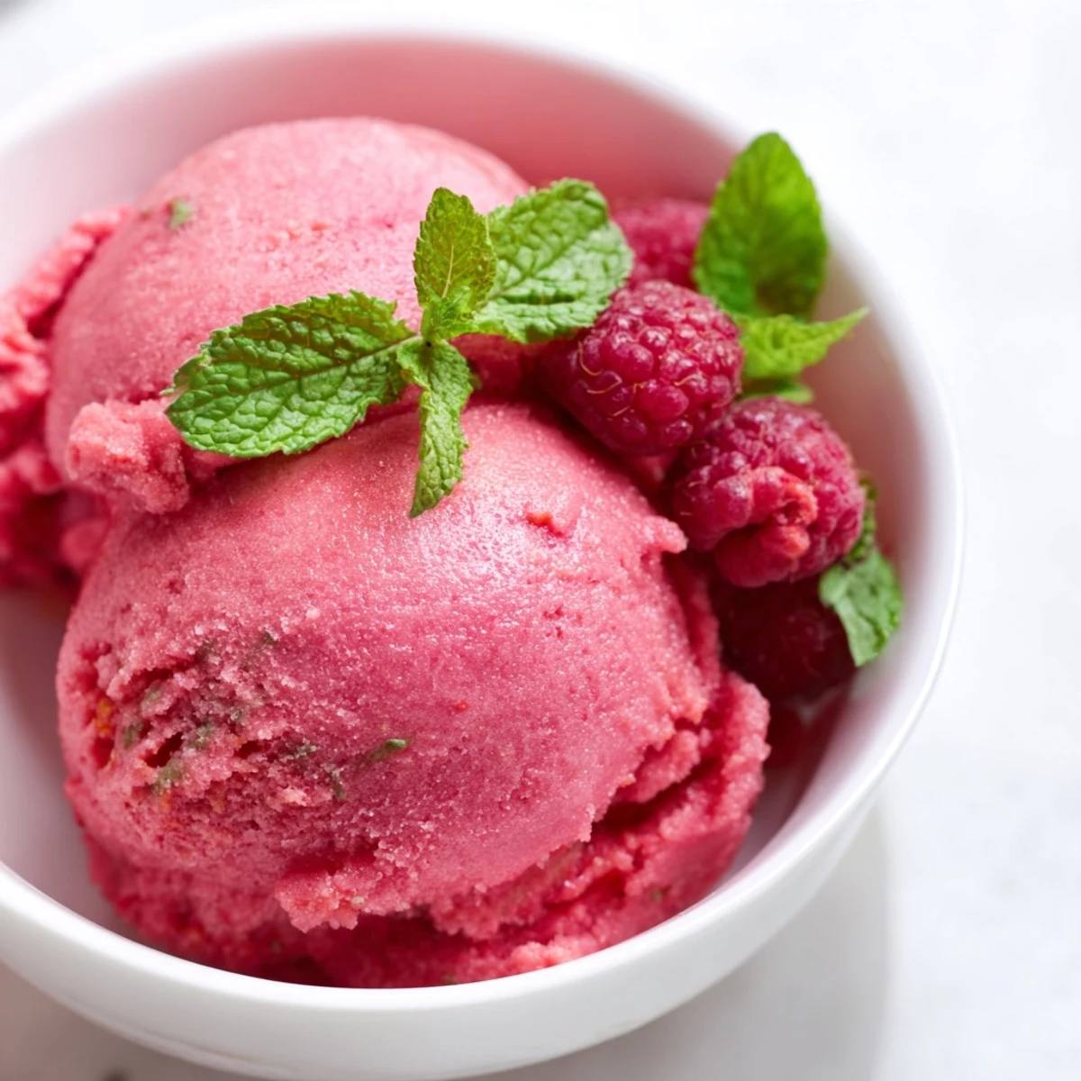Homemade pink raspberry sorbet with fresh mint in a rustic bowl, showcasing its smooth texture and vibrant summer color.