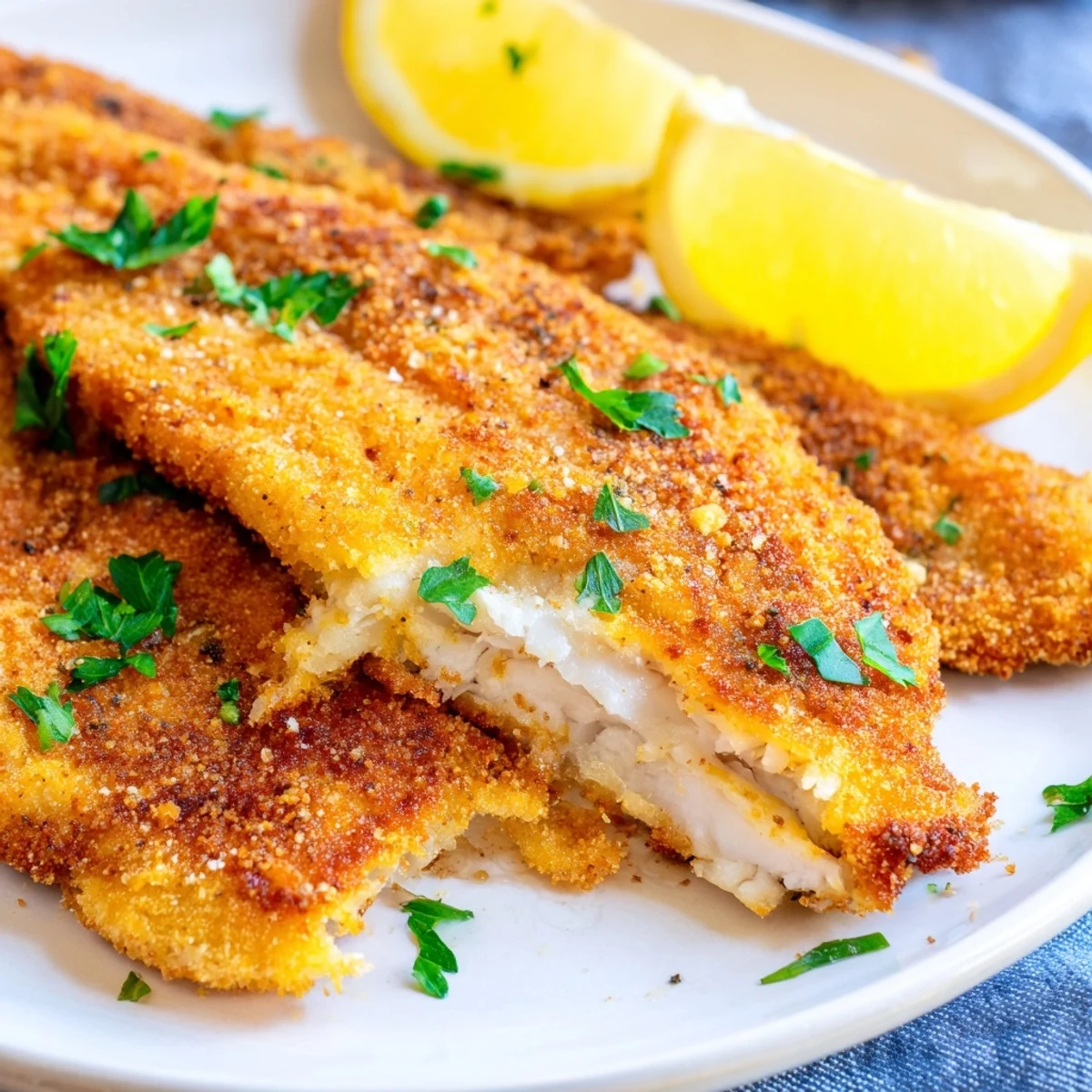 Golden gebratenes Louisiana Fried Catfish mit frischen Zitronen auf einem Teller serviert.