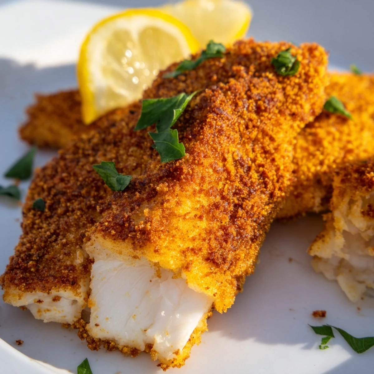 Kross gebackenes Louisiana Fried Catfish aus der Pfanne, belegt mit Zitronenscheiben und Petersilie.