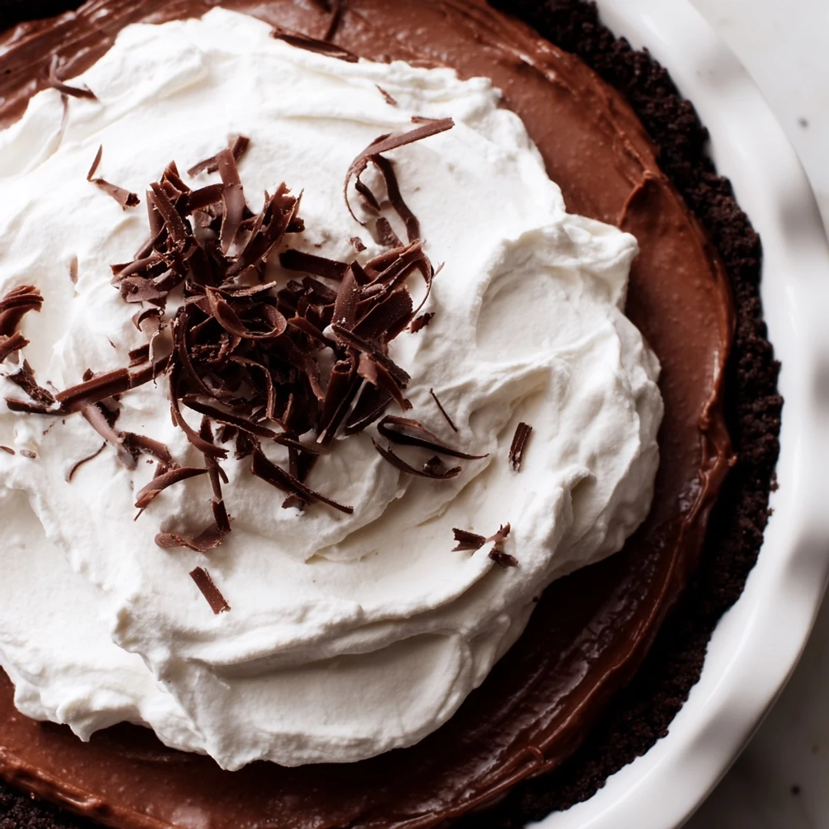 A slice of Romantic Chocolate Silk Pie with velvety filling and whipped cream.