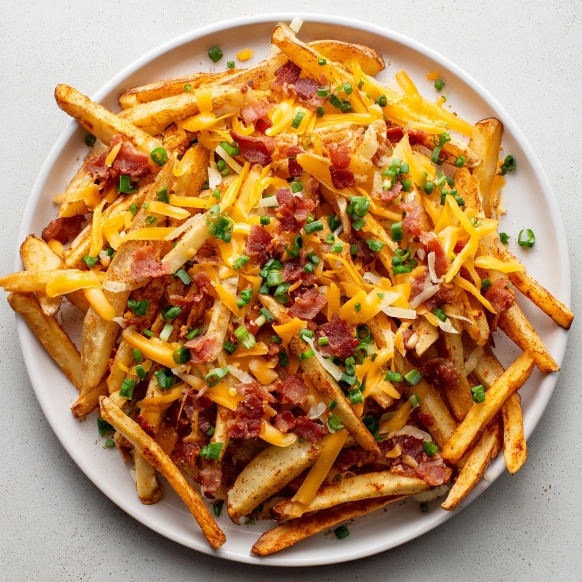 Frisch gebackene Super Bowl Cheese Fries mit aufgetautem Cheddar und grüner Zwiebel.
